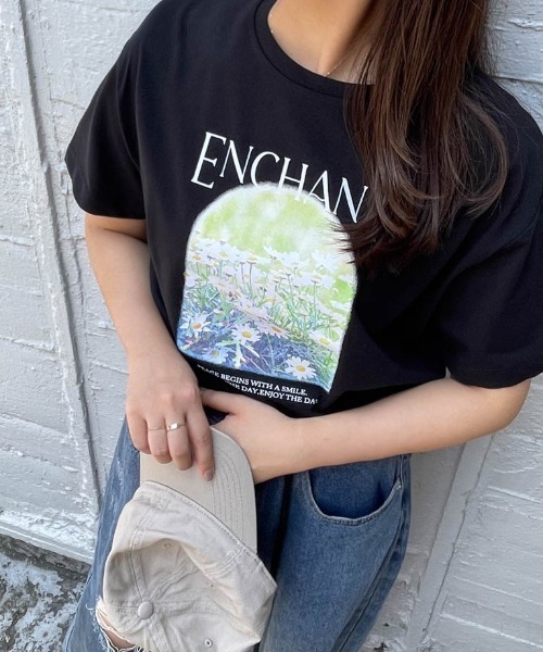 tシャツ 半袖 フラワーフォトプリントロゴTシャツ「洗濯機で洗える