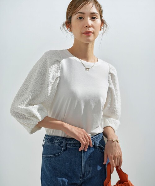 tシャツ シャーリングシフォン袖 トップス レディース 組曲 tシャツ シャーリングシフォン袖 トップス レディース