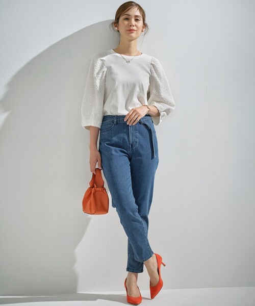 組曲 tシャツ シャーリングシフォン袖 トップス レディース