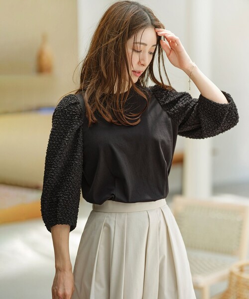 tシャツ シャーリングシフォン袖 トップス レディース 組曲 tシャツ シャーリングシフォン袖 トップス レディース