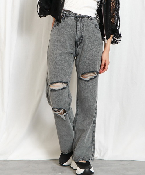 ジーンズ デニム デニムパンツ 「ダメージカット×美脚ストレート