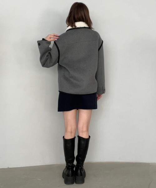 コート アウター ウール混 ボアカラー パイピング ハーフコート