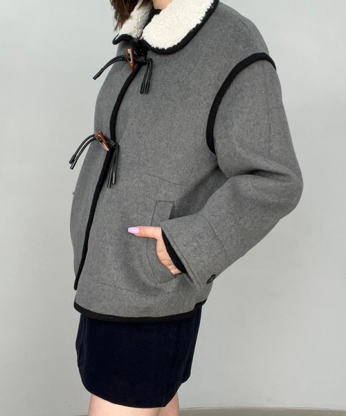 コート アウター ウール混 ボアカラー パイピング ハーフコート