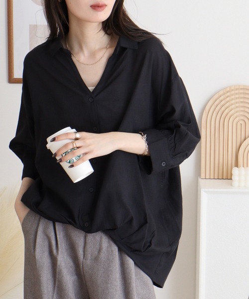mitis（ミティス） ブラウス シャツ レーヨン綿麻 Vネックスキッパー