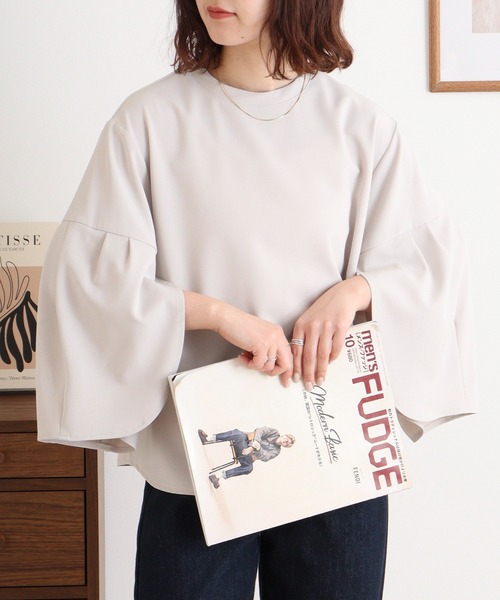 tシャツ EGLANTINE チューリップ袖 ダンボールプルオーバー バックジッパー 7分袖トップス レディース