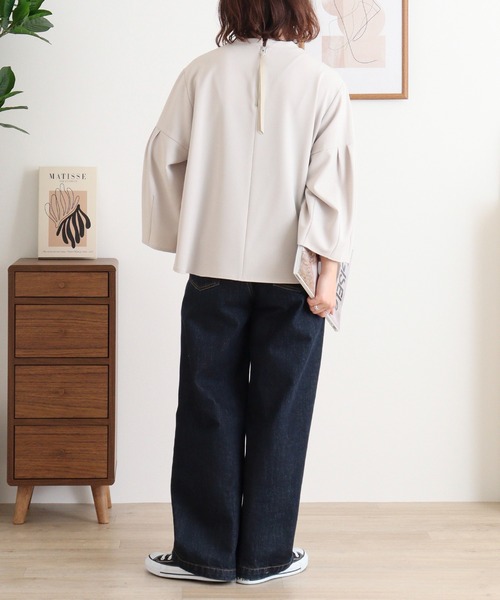 エグランティーヌ EGLANTINE チューリップ袖 ダンボールプルオーバー バックジッパー 7分袖トップス （サンドベージュ） EGLANTINE tシャツ チューリップ袖 ダンボールプルオーバー