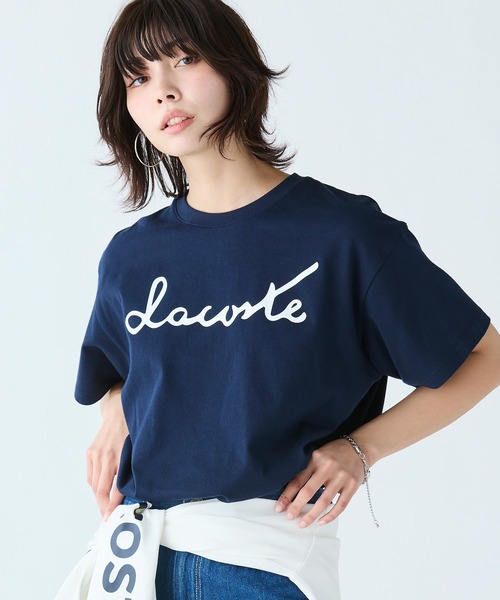 tシャツ 「オンライン限定」LACOSTE スクリプトネームロゴ  ルーズシルエットハーフスリーブTシャツ レディース メンズ