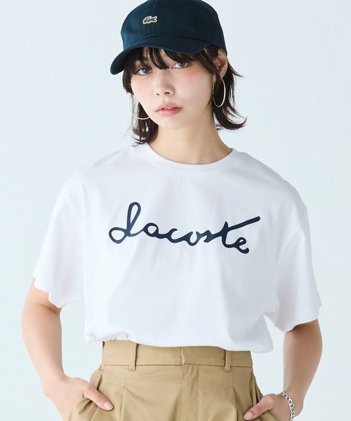 「LACOSTE」 半袖Tシャツ 36 ネイビー レディース LACOSTE tシャツ 「オンライン限定」LACOSTE スクリプト