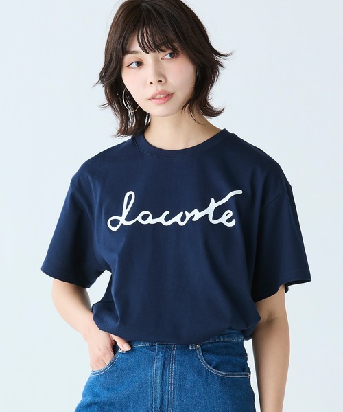 「LACOSTE」 半袖Tシャツ 36 ネイビー レディース LACOSTE tシャツ 配色ステッチ半袖Tシャツ メンズ レディース