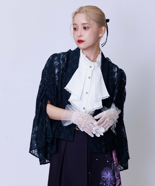 【総レース　長袖ブラウス/ボレロ/カーディガン】フリル　黒/ブラック　クラシカル axes femme（アクシーズ ファム） カーディガン ドロストリボン総