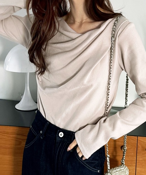 GeeRA tシャツ ドレープデザイン起毛リブカットソー レディース