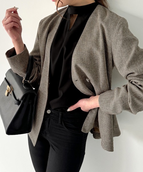 「JUNOAH」 ノーカラージャケット MEDIUM オフホワイト レディース_画像7