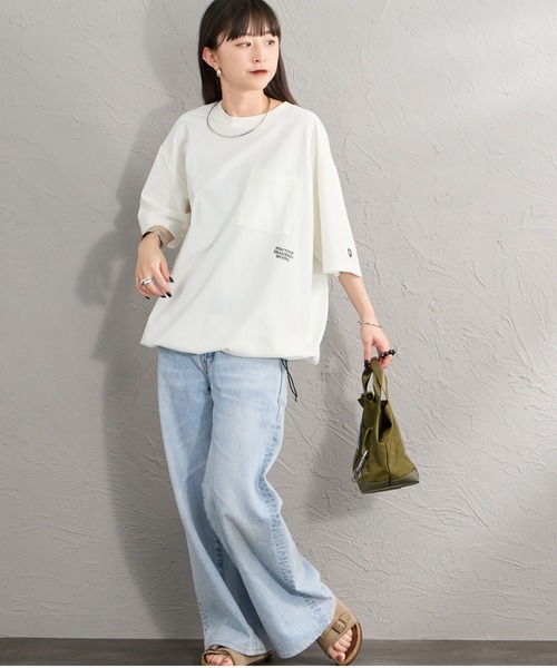 新品タグ付き♫ノップドゥノッド　半袖ワイドシャツ　刺繍　ホワイト　ゆったり Marmot（マーモット） tシャツ 半袖 別注 ドローコード付き ポケット
