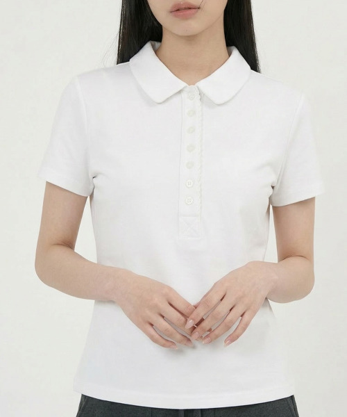tシャツ スカラップヘンリーネック カラーTシャツ 半袖トップス スカラップカラーTシャツ