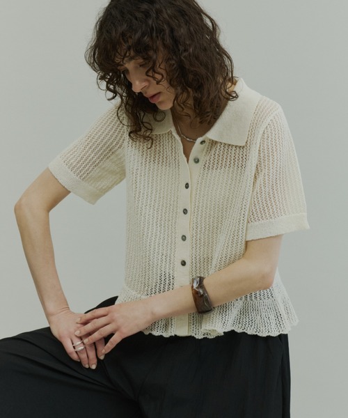 Plumel カーディガン 夏 半袖 Open-Knit Cropped Knit Cardigan