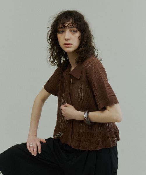 Plumel カーディガン 夏 半袖 Open-Knit Cropped Knit Cardigan