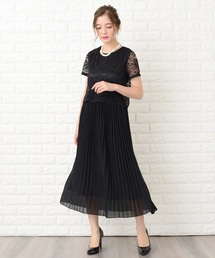 Lace Ladies ドレス セットアップ風レース半袖×プリーツロング
