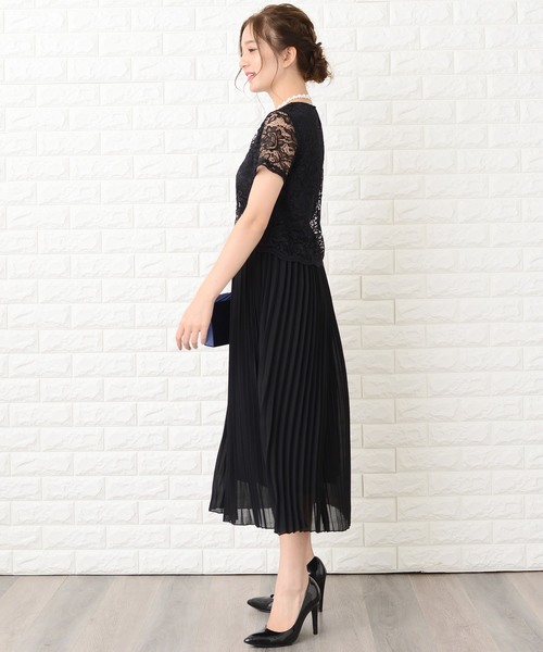 Lace Ladies ドレス セットアップ風レース半袖×プリーツロング