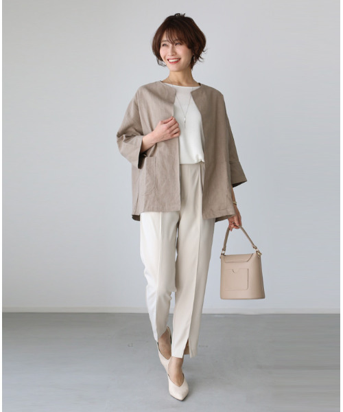 Ehre styleノーカラージャケット ベージュ Ehre style ジャケット ノーカラージャケット 仕事もデイリーも