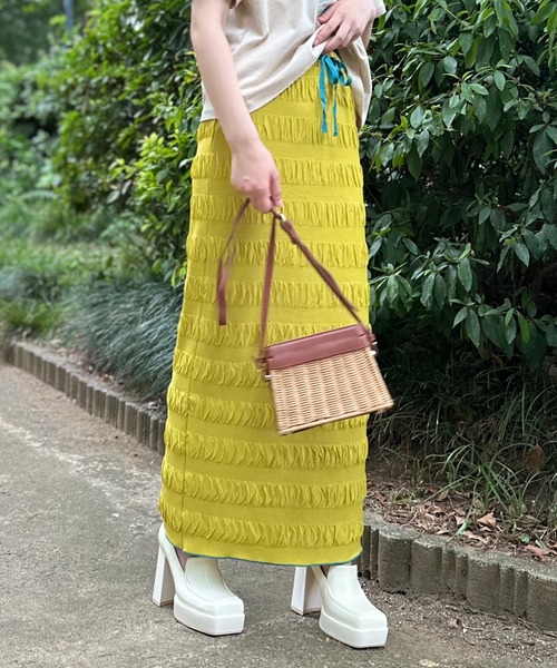 38 ARCHIVIO リボンボーダースカート mi via loca スカート シャーリングボーダー Iライン タイトスカート