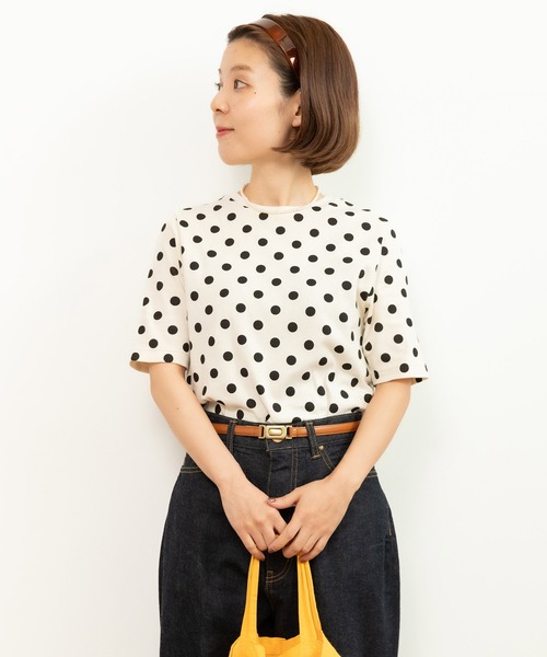 tシャツ フライスドットプリント　5分袖プルオーバー レディース