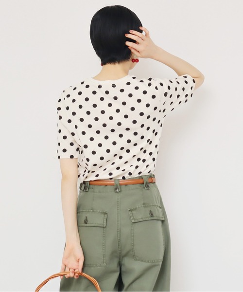 tシャツ フライスドットプリント　5分袖プルオーバー レディース Green Parks tシャツ 5分袖フリルカットプルオーバー レディース