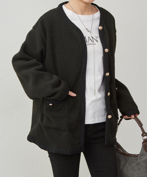 MAISON DE THERESE ムートンコート ボアコート 配色パイピンク