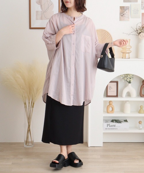 ヒスイHISUI キュプラバックグラフィックプリント切替ロングシャツ 黒マルチM 【レディース】 手洗い可能〉割繊 クルーネック ギャザー ブラウス｜ SHIPS 公式