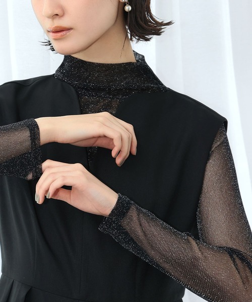 LOWO tシャツ シースルートップス 長袖 ハイネック ラメ チュール