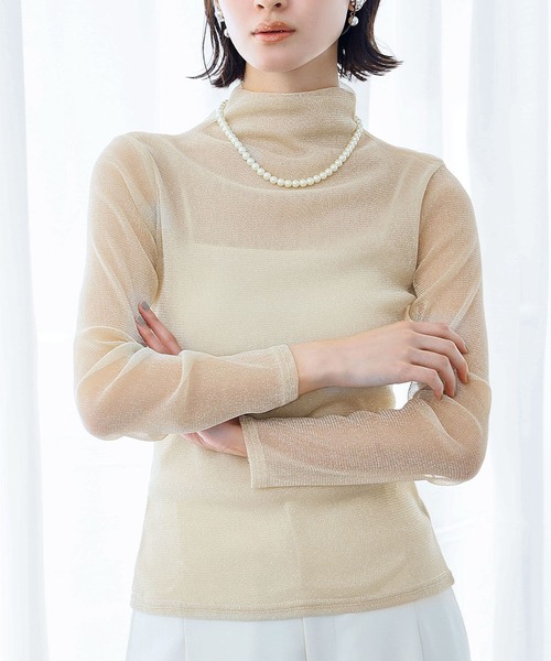 LOWO tシャツ シースルートップス 長袖 ハイネック ラメ チュール