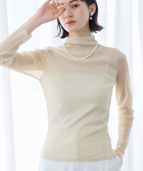 LOWO tシャツ シースルートップス 長袖 ハイネック ラメ チュール