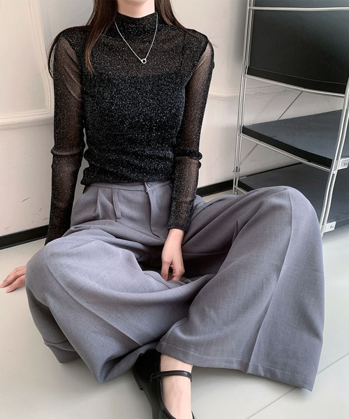 LOWO tシャツ シースルートップス 長袖 ハイネック ラメ チュール