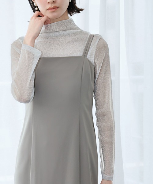 LOWO tシャツ シースルートップス 長袖 ハイネック ラメ チュール