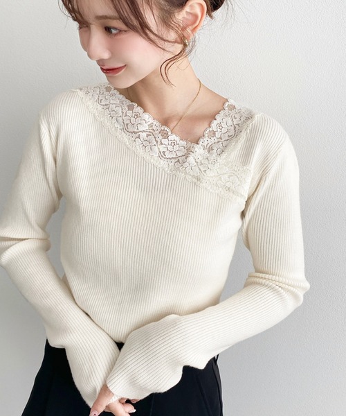 moment+ ニット セーター レーストリムアシンメトリーネックインナー