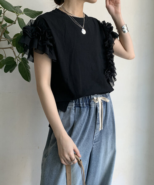 tシャツ 「WEB限定」袖アシメフリルTEE レディース DouDou tシャツ 「WEB限定」袖アシメフリルTEE レディース