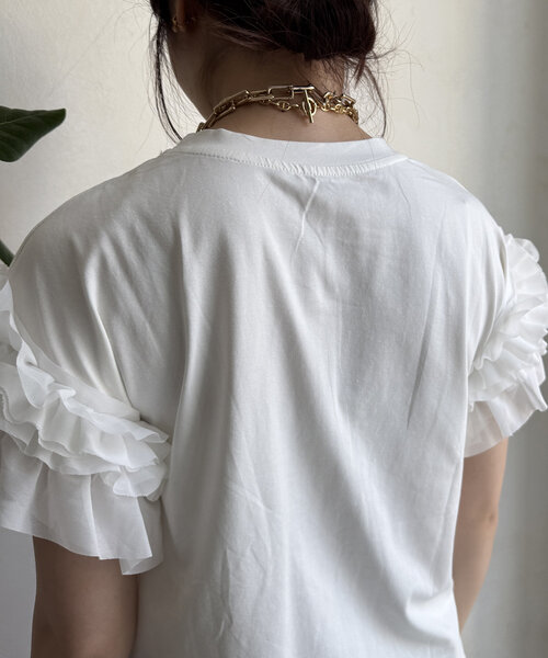 tシャツ 「WEB限定」袖アシメフリルTEE レディース DouDou tシャツ 「WEB限定」袖アシメフリルTEE レディース