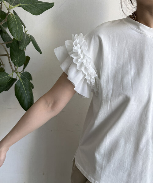 DouDou tシャツ 「WEB限定」袖アシメフリルTEE レディース