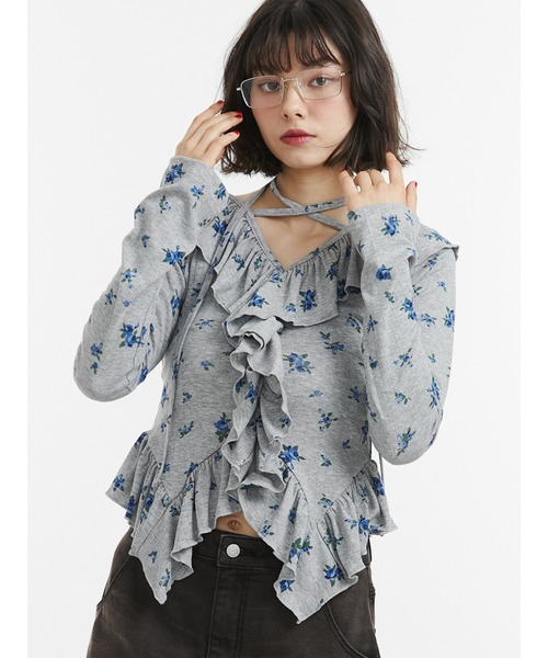tシャツ ラッフルフリルトップス 花柄 レディース