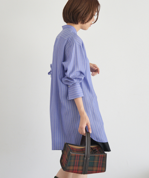 イエナ リヨセルシャツ ストライプ ロングシャツ チュニック 長袖 36 青 白 リヨセルストライプバンドカラーシャツ（シャツ／ブラウス）｜IENA