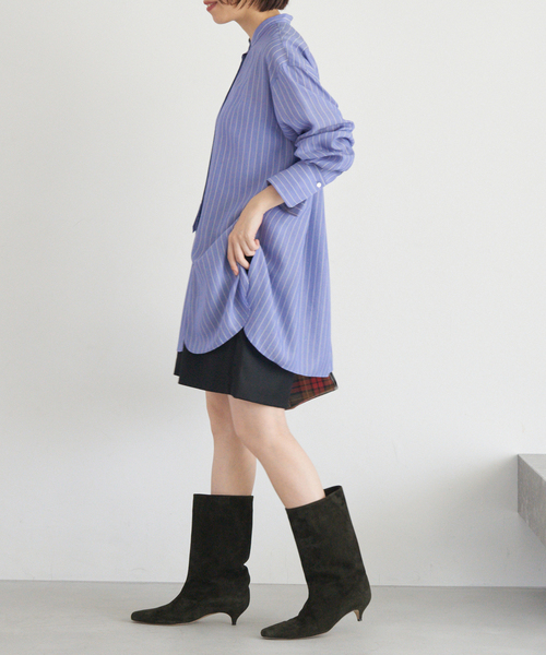 イエナ リヨセルシャツ ストライプ ロングシャツ チュニック 長袖 36 青 白 リヨセルストライプバンドカラーシャツ（シャツ／ブラウス）｜IENA