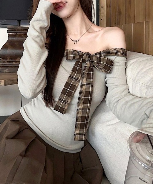 チェックリボンオフショルダートップス REMUR tシャツ チェックリボンオフショルトップス レディース
