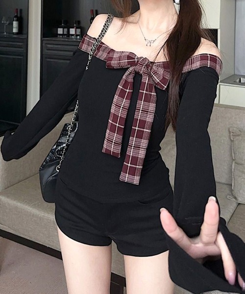 REMUR tシャツ チェックリボンオフショルトップス レディース