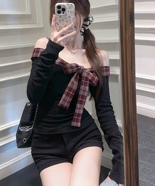 REMUR tシャツ チェックリボンオフショルトップス レディース