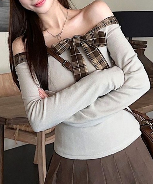 REMUR tシャツ チェックリボンオフショルトップス レディース
