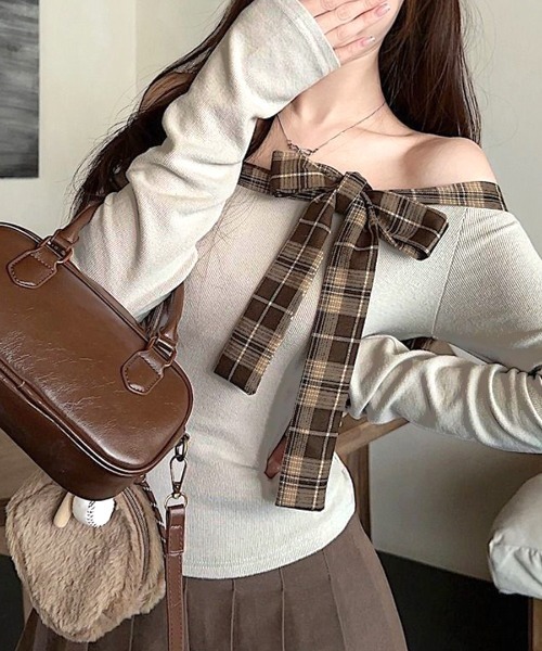 REMUR tシャツ チェックリボンオフショルトップス レディース