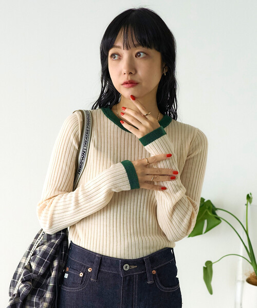 nagonstans バイカラーニット　カーキ　配色　リブ　enfold FREAK'S STORE（フリークスストア） ニット セーター ウォッシャブル