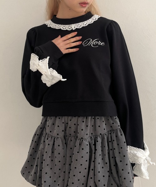 MORE self LOVE トレーナー スウェット 袖リボンフリルロゴスウェット