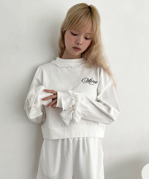 MORE self LOVE トレーナー スウェット 袖リボンフリルロゴスウェット