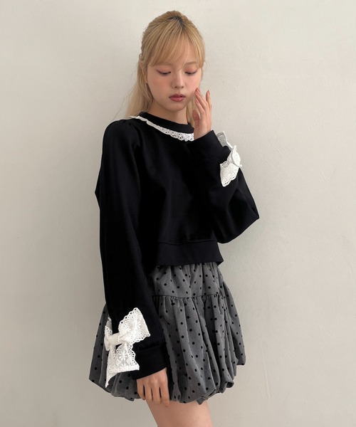 MORE self LOVE トレーナー スウェット 袖リボンフリルロゴスウェット