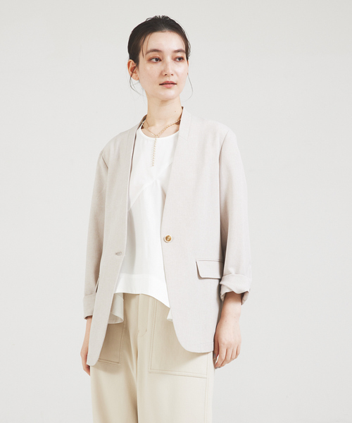 「qualite」 ノーカラージャケット 36 ベージュ レディース_画像5